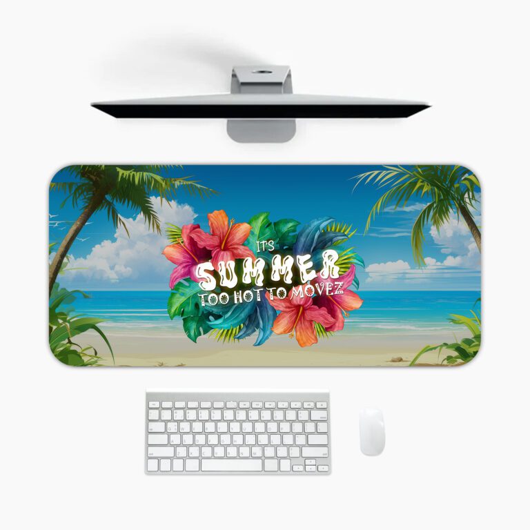 Beach desk pad with ocean view, palm trees, tropical flowers, and bold white “The Summer” quote in vintage art style.