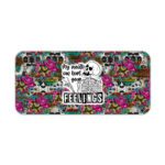 Infidu edgy desk pad with skulls, roses, leopard print, and the quote "My reality can hurt your FEELINGS" in bold lettering.