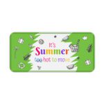Infidu summer desk pad with green background, colorful text, and playful summer illustrations like ice cream, drink, and picnic basket.