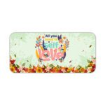 Infidu desk pad with “All You Need Is Self Love” quote, pastel green background, and colorful floral vintage art design.
