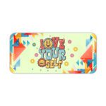 Retro desk pad with “Love Yourself” quote, bright yellow background, colorful geometric shapes, smiley faces, and flower icons in vintage art style.