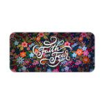 Dark desk pad with colorful red, pink, orange, blue, and purple flowers, featuring “Faith over Fear” in elegant white script, vintage art style.
