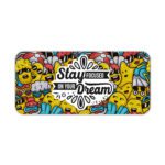 Colorful doodle-style desk pad with cartoon characters and “Stay Focused On Your Dream” quote in black text on a white cloud-like shape.