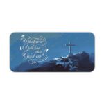 Infidu blue desk pad with mountain cross and uplifting quote on serene background.