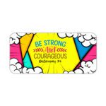 Colorful comic-style desk pad with bold triangular shapes, cartoon clouds, and “Be Strong and Courageous” Bible verse in vintage art style.