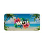 Beach desk pad with ocean view, palm trees, tropical flowers, and bold white “The Summer” quote in vintage art style.