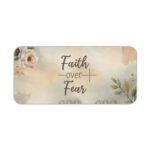 Pastel floral desk pad with “Faith over Fear” script, white rose, green leaves, and watercolor background in vintage art style.