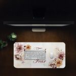 Infidu Elegant Floral Desk Pad featuring dusty pink and peach flowers with “Faith over Fear” quote on a cream watercolor background.