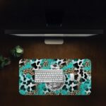 Infidu Sassy Cow Desk Pad with turquoise and leopard print background, black cow illustration wearing a bow, and "Not Today Heifer" text.