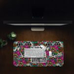 Infidu edgy desk pad with skulls, roses, leopard print, and the quote "My reality can hurt your FEELINGS" in bold lettering.