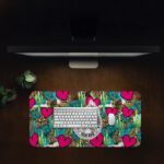 Infidu Western desk pad with skeleton cowboy, cactus, leopard print, pink hearts, and “Roped in but still wild” quote.