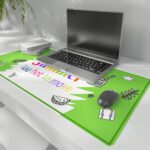 Infidu summer desk pad with green background, colorful text, and playful summer illustrations like ice cream, drink, and picnic basket.