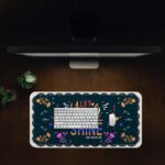Dark floral desk pad with “Let Your Light Shine” quote, Matthew 5:16 reference, colorful flowers, and vintage art style on a navy background.
