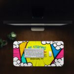 Colorful comic-style desk pad with bold triangular shapes, cartoon clouds, and “Be Strong and Courageous” Bible verse in vintage art style.