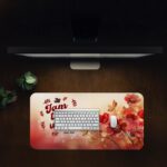 Elegant desk pad with “I am the way – John 14:6” in bold red text, red flowers, golden leaves, and a soft cream-to-red gradient background.