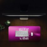 Purple gradient desk pad with sparkles and the quote “Believe in the power within” in white lettering, styled with vintage art flair.