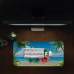 Beach desk pad with ocean view, palm trees, tropical flowers, and bold white “The Summer” quote in vintage art style.