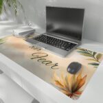 Pastel desk pad with “Faith over Fear” quote in script font, surrounded by watercolor-style leaves and flowers in soft, earthy tones.