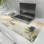 Pastel floral desk pad with “Faith over Fear” script, white rose, green leaves, and watercolor background in vintage art style.
