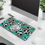 Infidu Sassy Cow Desk Pad with turquoise and leopard print background, black cow illustration wearing a bow, and "Not Today Heifer" text.