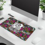 Infidu edgy desk pad with skulls, roses, leopard print, and the quote "My reality can hurt your FEELINGS" in bold lettering.
