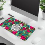Infidu Western desk pad with skeleton cowboy, cactus, leopard print, pink hearts, and “Roped in but still wild” quote.