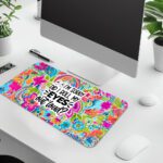 Infidu Fun Desk Pad featuring colorful abstract floral patterns and bold text “Did I Roll My Eyes Out Loud?” with a cartoon eye illustration.