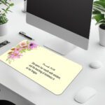 Infidu Elegant Floral Desk Pad with Proverbs 31:26 verse, featuring pink and purple flowers on a cream vintage art background.