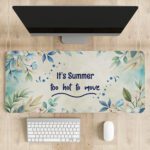 Infidu Summer Desk Pad with pastel watercolor background, green and blue leafy branches, and handwritten summer quote.