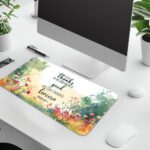Infidu desk pad with Psalm 107:1 “Give thanks” Bible verse, watercolor floral border in vintage art style on a soft white background.