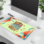 Retro desk pad with “Love Yourself” quote, bright yellow background, colorful geometric shapes, smiley faces, and flower icons in vintage art style.
