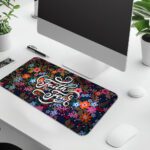 Dark desk pad with colorful red, pink, orange, blue, and purple flowers, featuring “Faith over Fear” in elegant white script, vintage art style.
