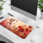 Elegant desk pad with “I am the way – John 14:6” in bold red text, red flowers, golden leaves, and a soft cream-to-red gradient background.