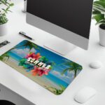 Beach desk pad with ocean view, palm trees, tropical flowers, and bold white “The Summer” quote in vintage art style.