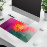 Desk pad with “Good Things Take Time” quote, colorful watercolor background, and retro font in a vintage art style.