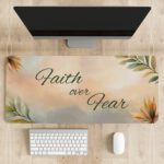 Pastel desk pad with “Faith over Fear” quote in script font, surrounded by watercolor-style leaves and flowers in soft, earthy tones.