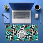 Infidu Sassy Cow Desk Pad with turquoise and leopard print background, black cow illustration wearing a bow, and "Not Today Heifer" text.