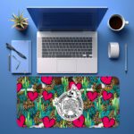 Infidu Western desk pad with skeleton cowboy, cactus, leopard print, pink hearts, and “Roped in but still wild” quote.