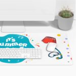 Infidu Summer Desk Pad with white background, blue bubble text “It’s summer too hot to move,” and colorful cartoon summer icons.