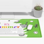 Infidu summer desk pad with green background, colorful text, and playful summer illustrations like ice cream, drink, and picnic basket.