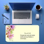 Infidu Elegant Floral Desk Pad with Proverbs 31:26 verse, featuring pink and purple flowers on a cream vintage art background.