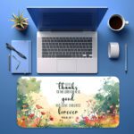 Infidu desk pad with Psalm 107:1 “Give thanks” Bible verse, watercolor floral border in vintage art style on a soft white background.