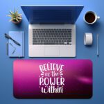 Purple gradient desk pad with sparkles and the quote “Believe in the power within” in white lettering, styled with vintage art flair.