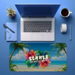 Beach desk pad with ocean view, palm trees, tropical flowers, and bold white “The Summer” quote in vintage art style.