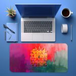 Desk pad with “Good Things Take Time” quote, colorful watercolor background, and retro font in a vintage art style.