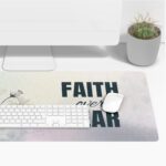 Watercolor desk pad with white flowers, pastel background, and bold “FAITH over FEAR” quote in vintage art style.